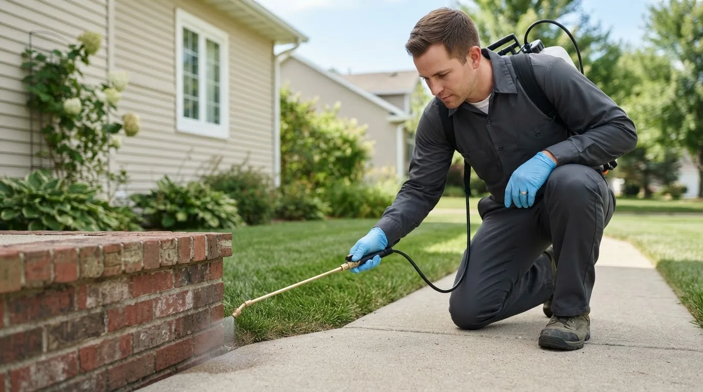 Pest control technician treating a home near Cuero, TX